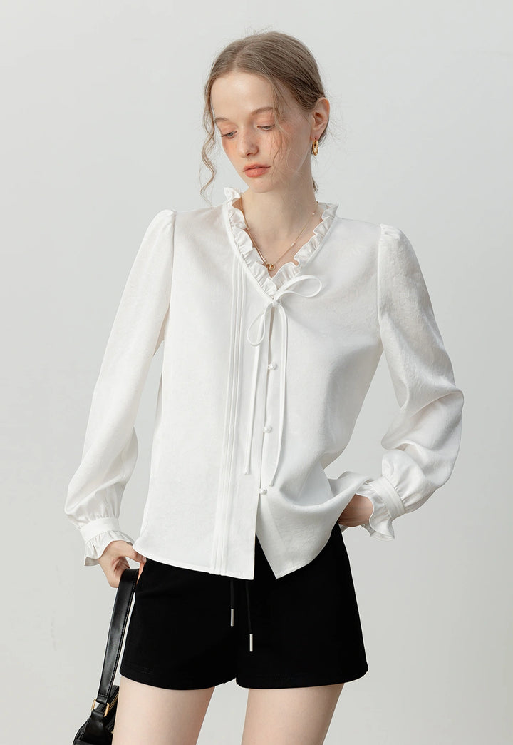 Women's Ruffled White Blouse with Bow Tie Detail