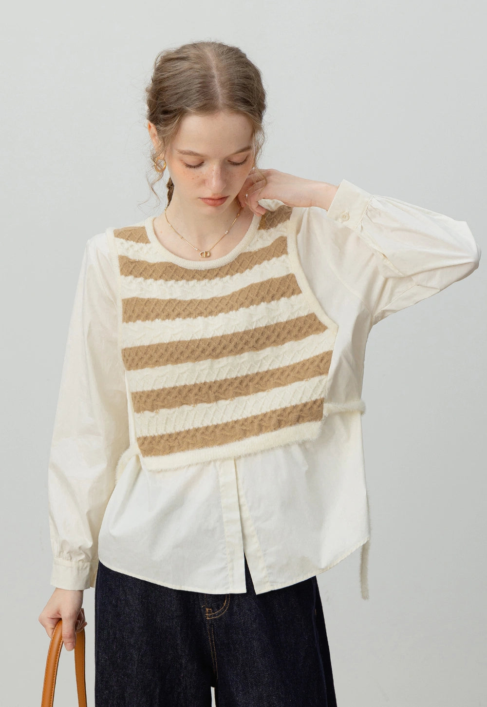 Striped Knit Patchwork Layered Shirt – Two-in-One Top