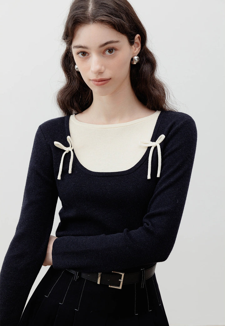 Tied Square Neck Black Long Sleeve Knit Top