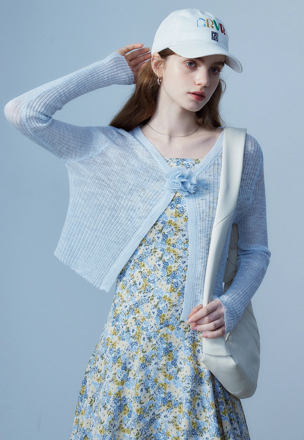 Women's V-Neck Knit Cardigan with Flower Detail