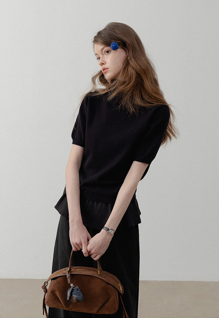 Women's Black Puff Sleeve Turtleneck Top