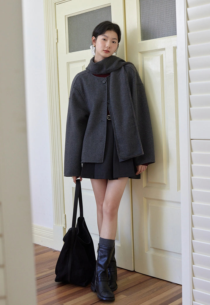 Cozy Button-Up Coat with Attached Scarf