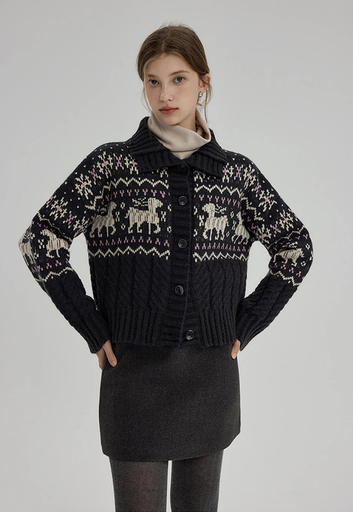 Women's Horse Print Fair Isle Cardigan Sweater