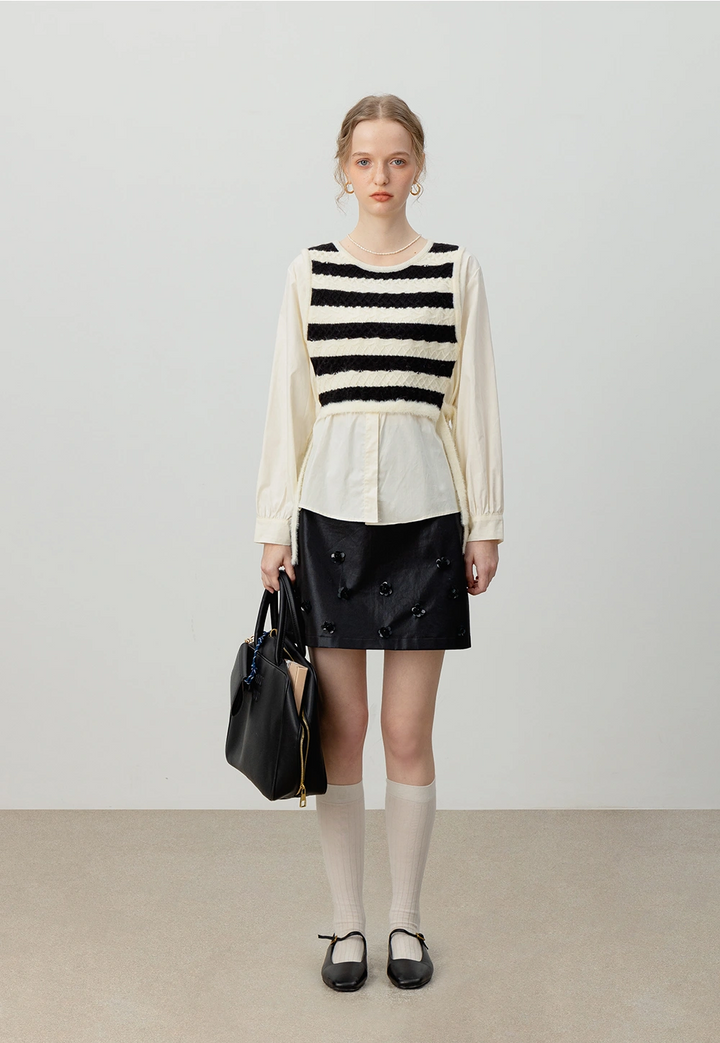 Striped Knit Patchwork Layered Shirt – Two-in-One Top