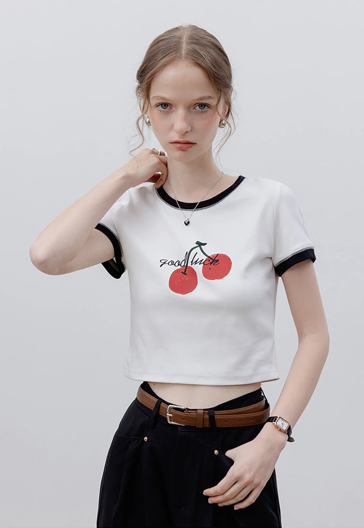 Women's Ringer Tee with Cherry 'Good Luck' Graphic