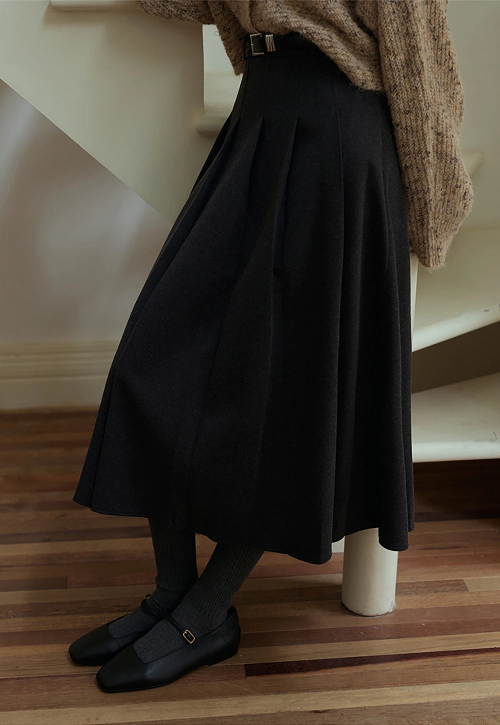 Women's Pleated Midi Skirt with Belt.