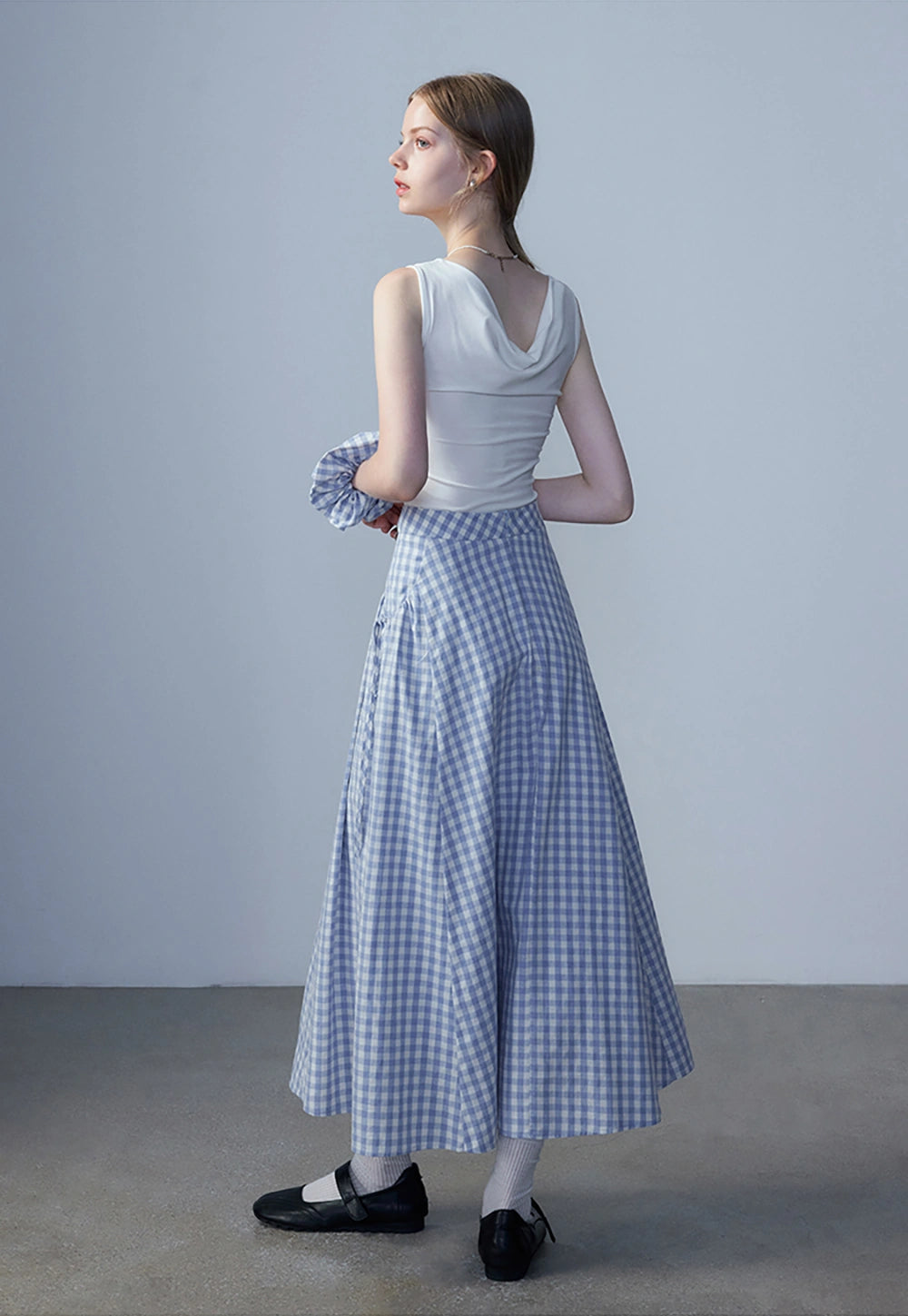 Skirt Midi Gingham A-Line Wanita