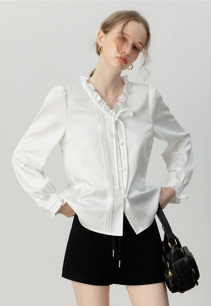 Women's Ruffled White Blouse with Bow Tie Detail