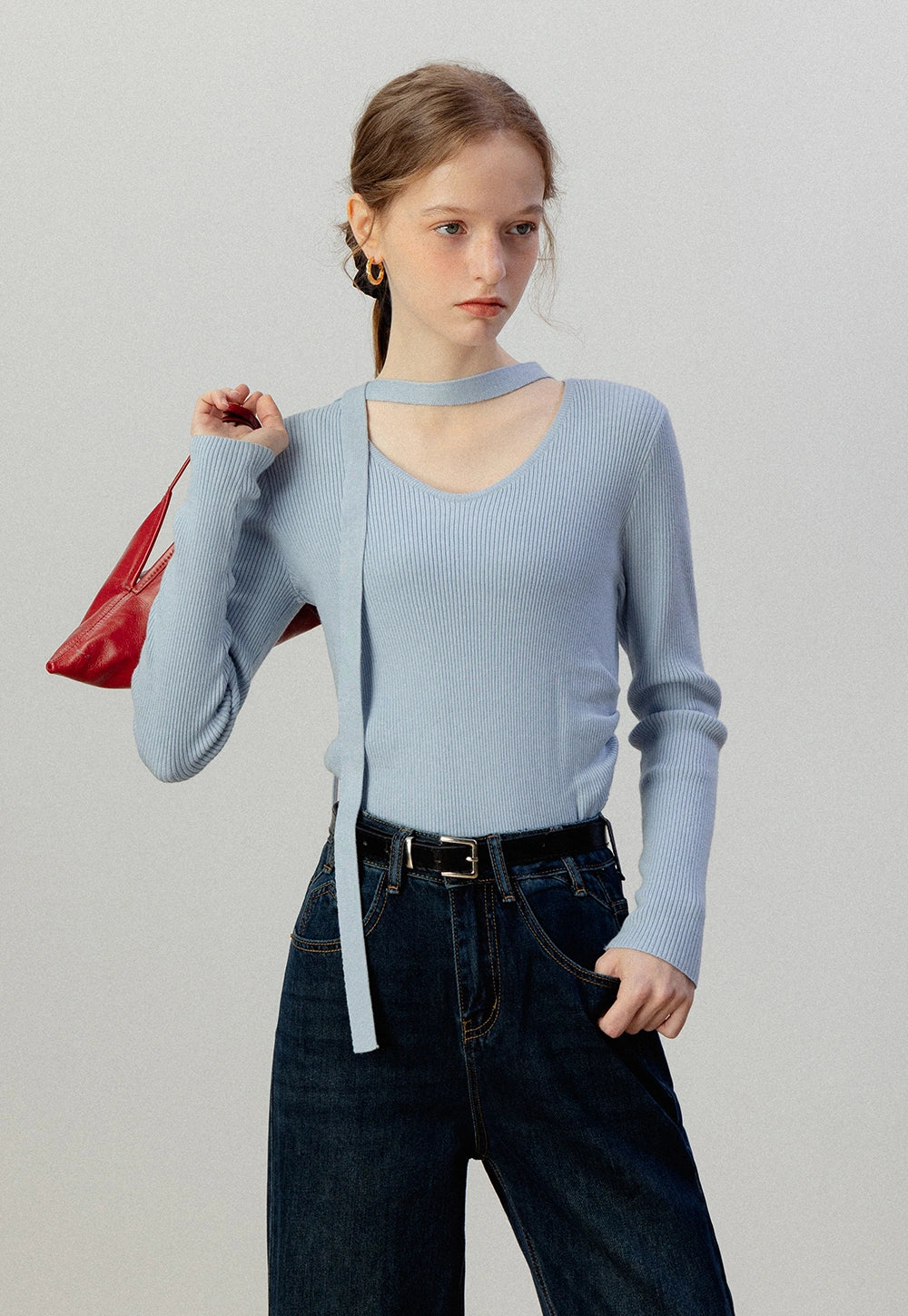 Women's Slim-Fit Knit Long Sleeve Top with Elegant Tie Detail