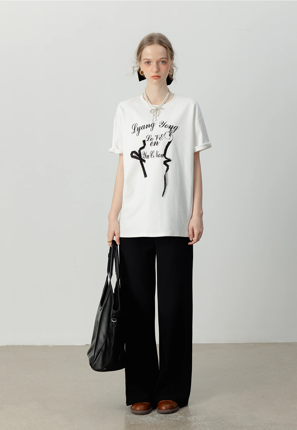 Women's Graphic Print Oversized Tee with Lace Details