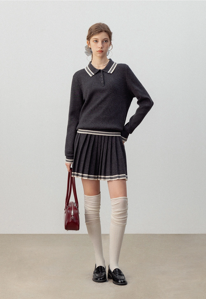 Women's Two-Piece Sweater Set, Long Sleeve Polo Collar Sweater and Pleated Mini Skirt