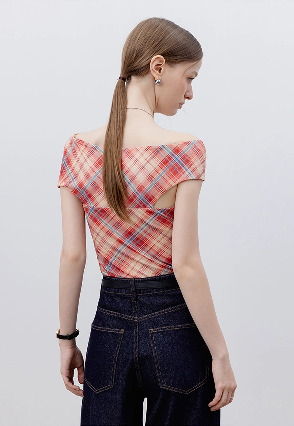 Women's Off-Shoulder Plaid Top