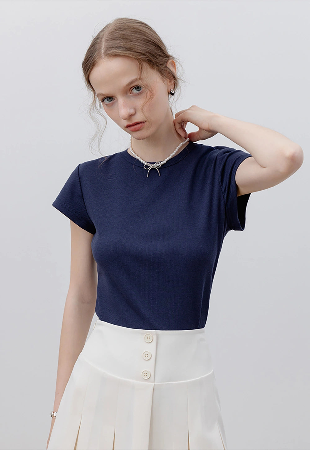 Women's Ribbed Knit T-Shirt with Bow Back Detail