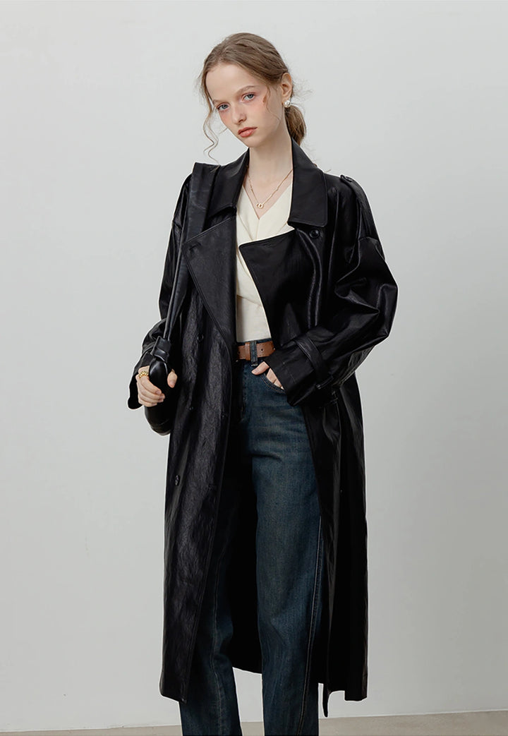 Women's Oversized Double-Breasted Faux Leather Trench Coat