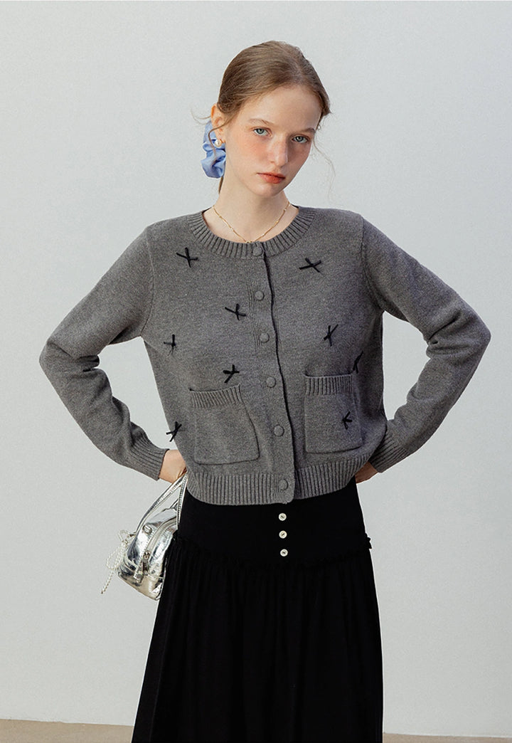 Gray Knit Cardigan with Bow Details