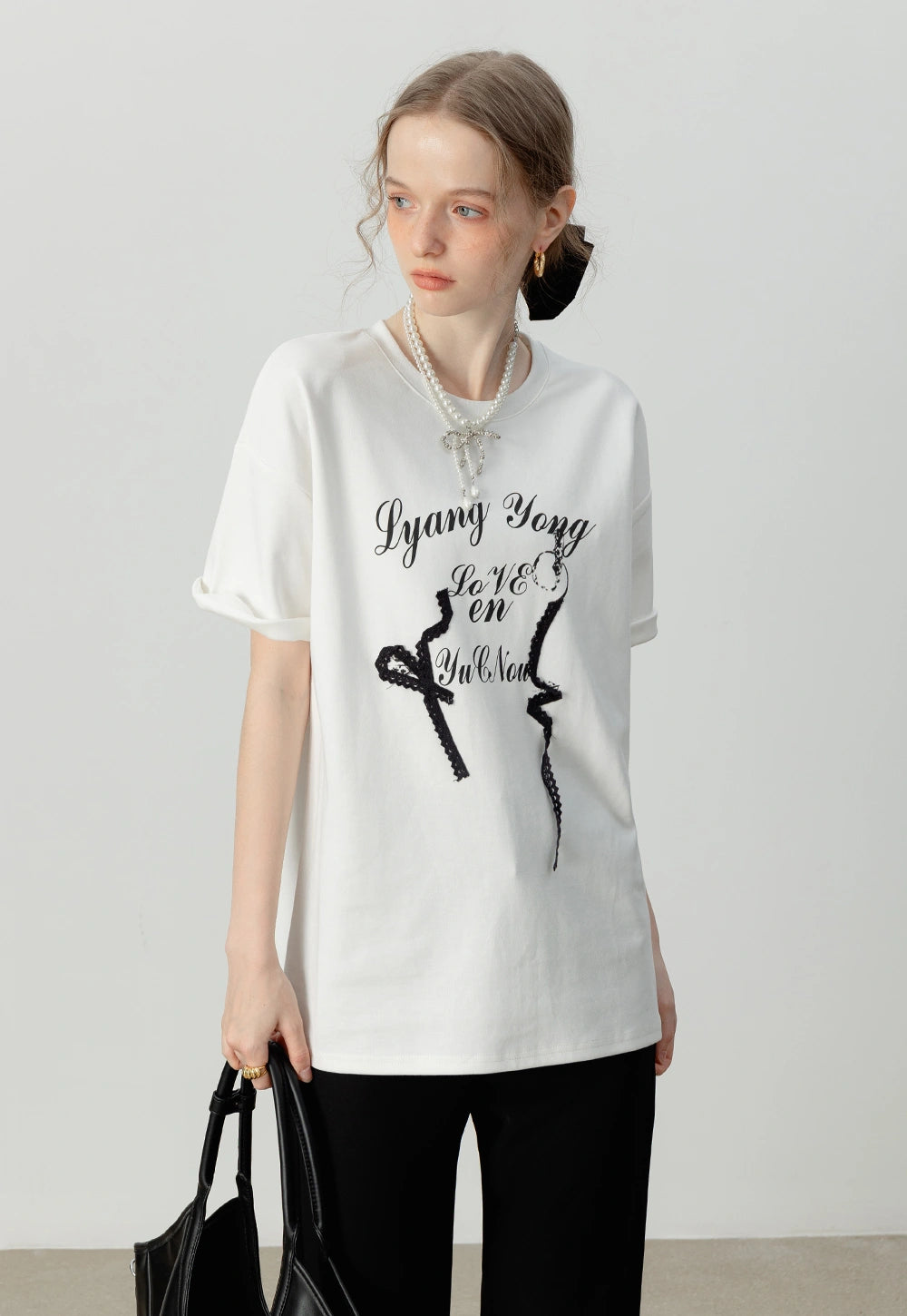 Women's Graphic Print Oversized Tee with Lace Details