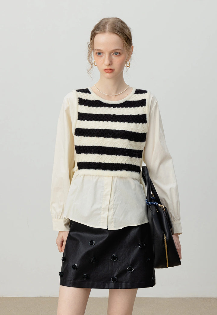 Striped Knit Patchwork Layered Shirt – Two-in-One Top