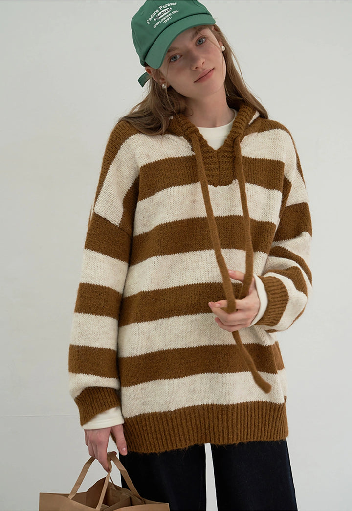 Women's Wide Striped V-Neck Hooded Sweater