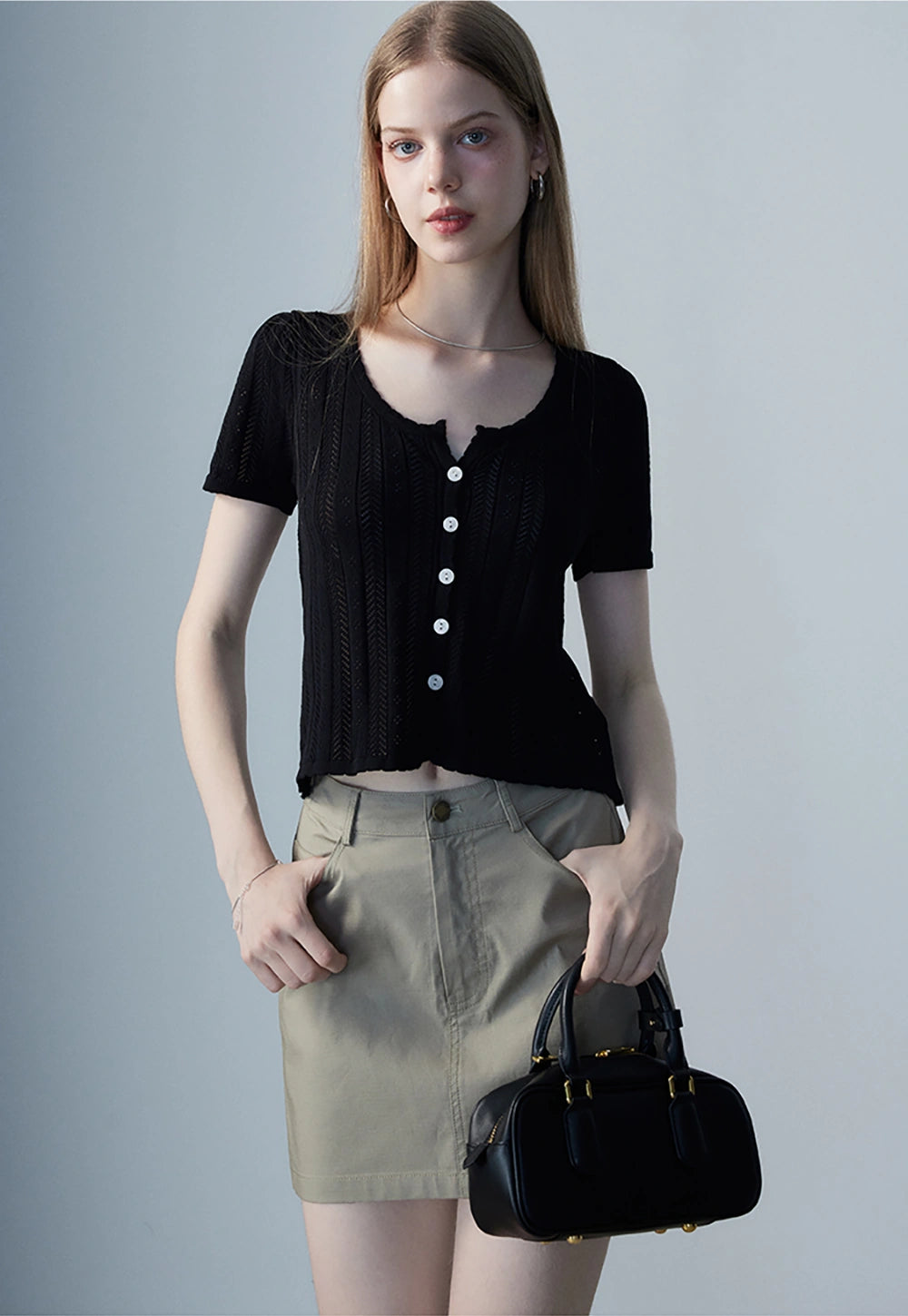 Women's Short-Sleeve Button-Up Knit Top