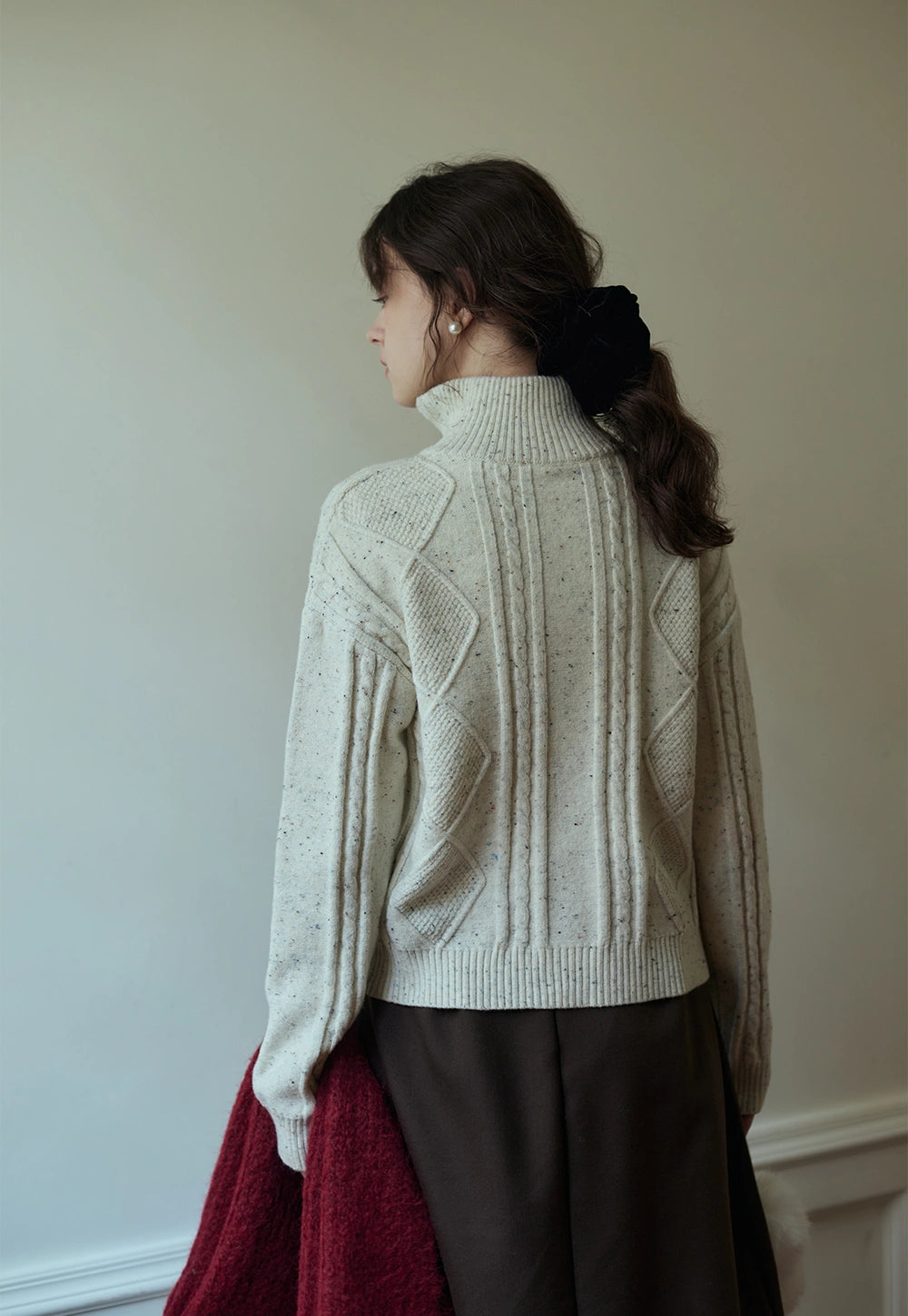 Cable-Knit High-Neck Zip-Up Cardigan