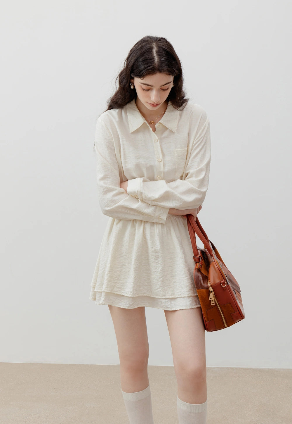 Long-Sleeve Cinched-Waist Shirt Dress