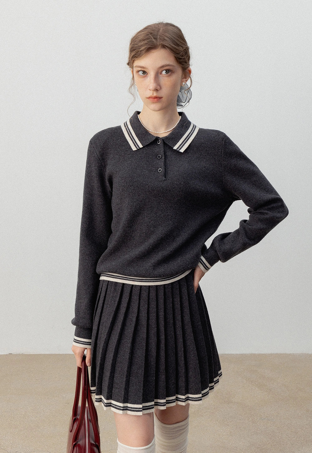 Women's Two-Piece Sweater Set, Long Sleeve Polo Collar Sweater and Pleated Mini Skirt