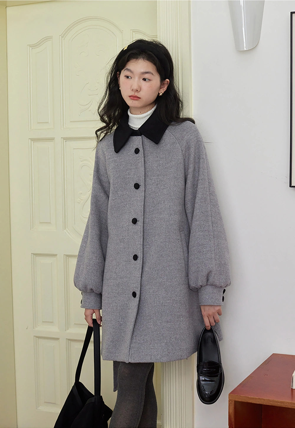 Wool Coat with Contrast Collar and Belted Waist