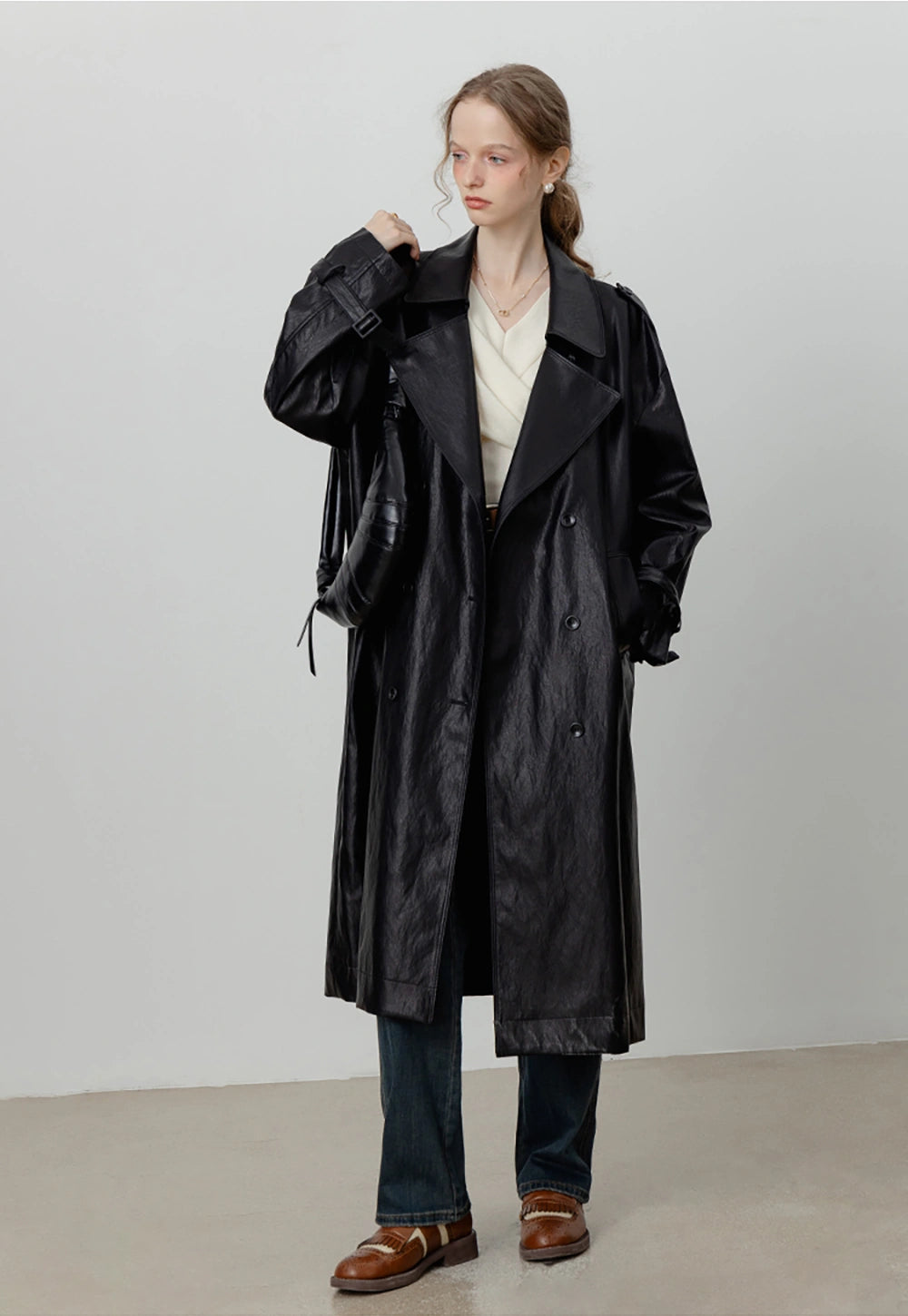 Women's Oversized Double-Breasted Faux Leather Trench Coat