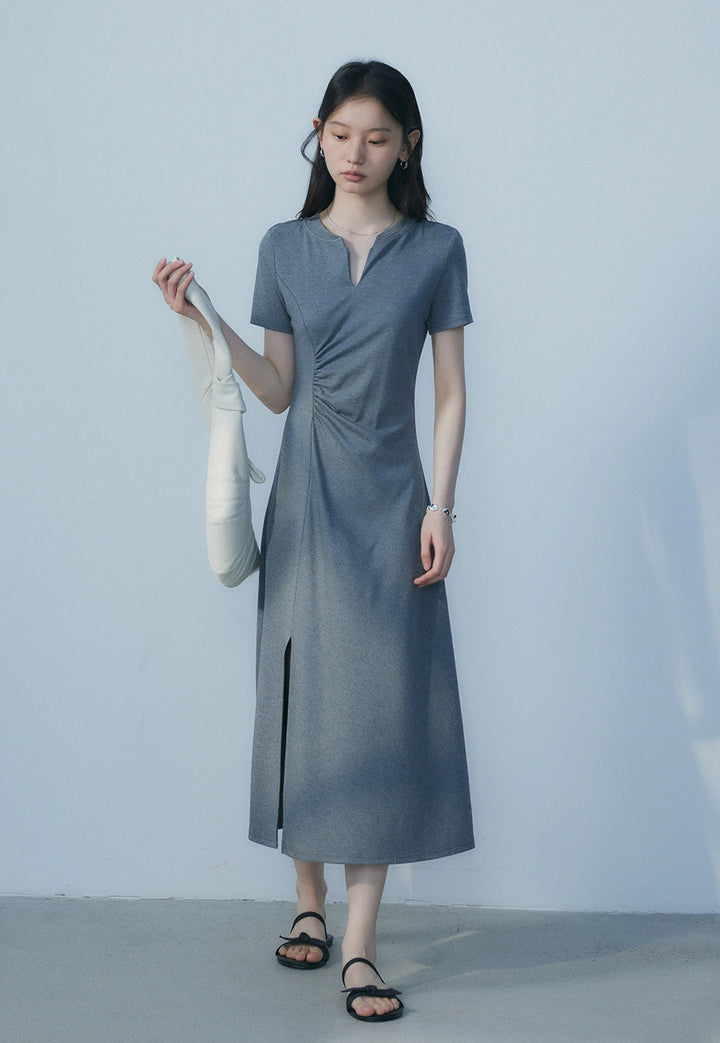 Women's Grey Wrap Dress - V-Neck, Short Sleeve, Comfortable Stretch Fabric