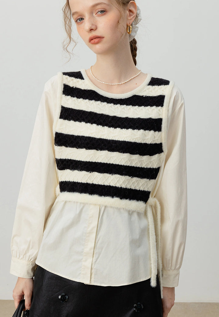 Striped Knit Patchwork Layered Shirt – Two-in-One Top