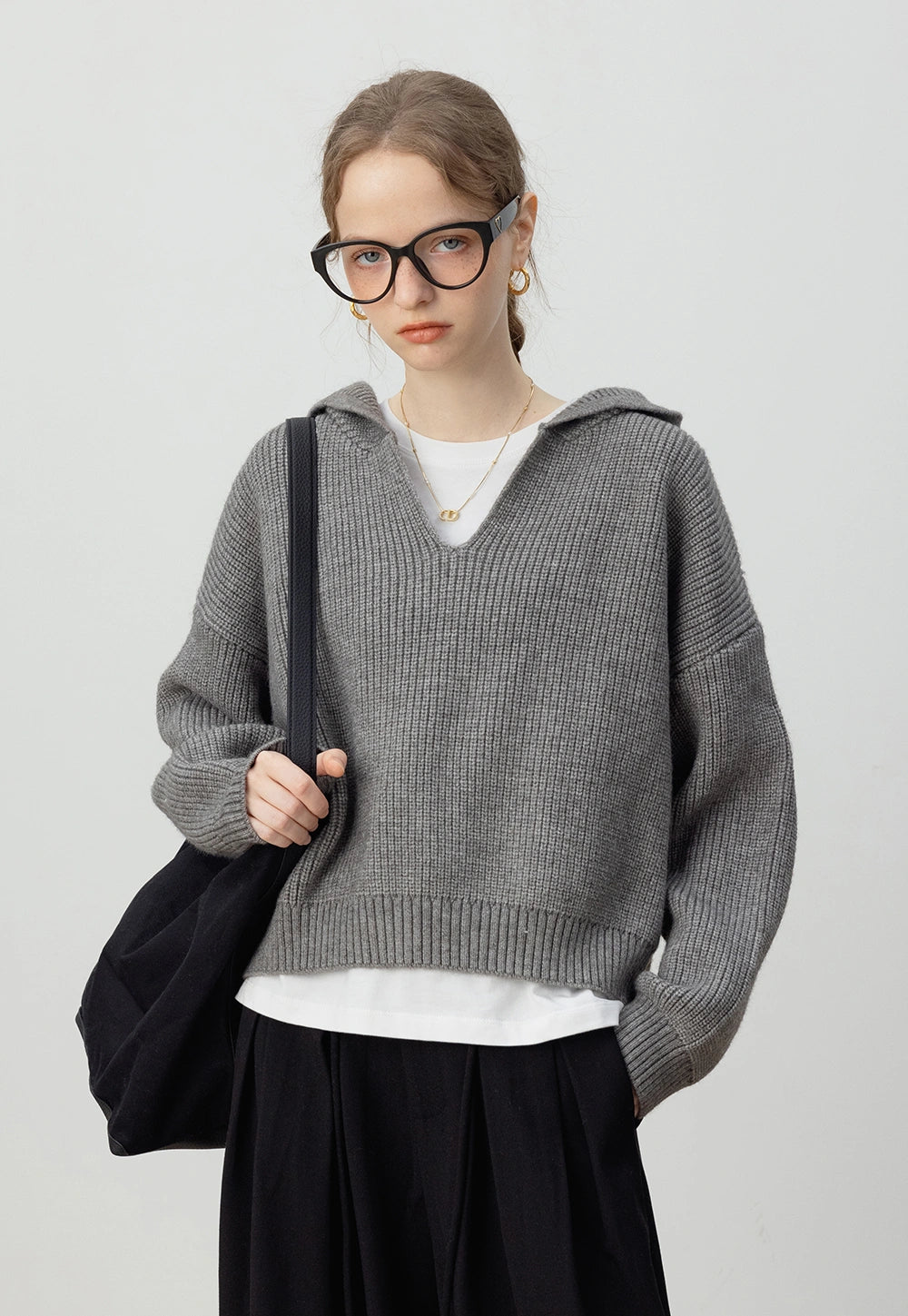 Women's Hooded Knit Sweater with Drop Shoulders