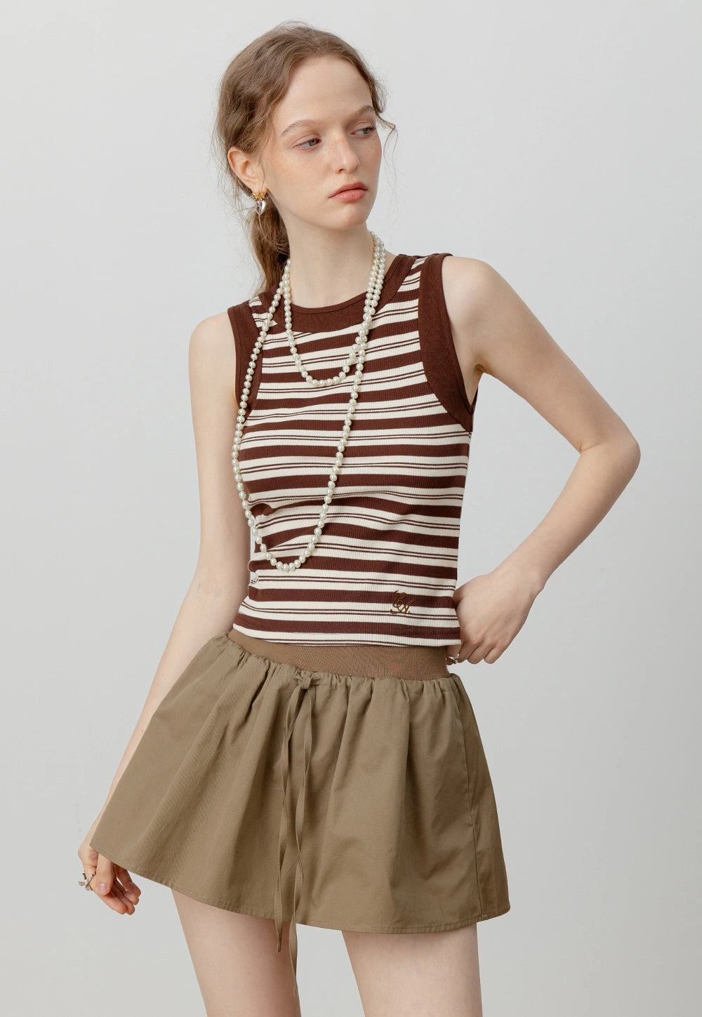 Women's Sleeveless Brown and White Striped Ribbed Top