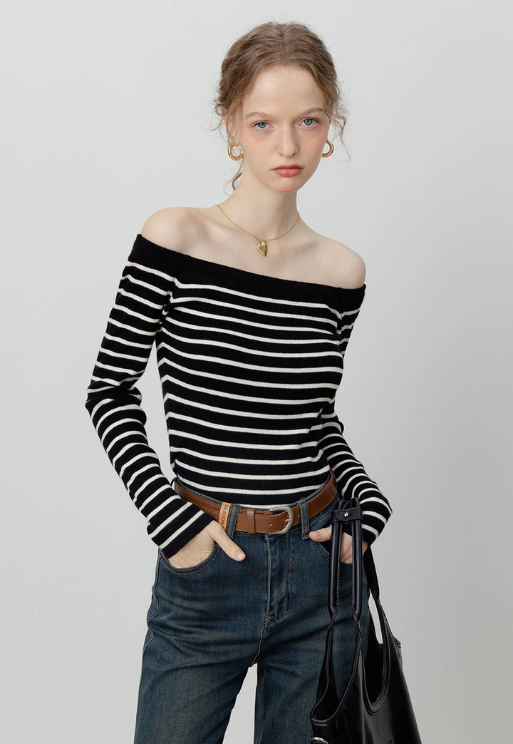 Women's Classic Striped Boat Neck Long Sleeve Crop Top