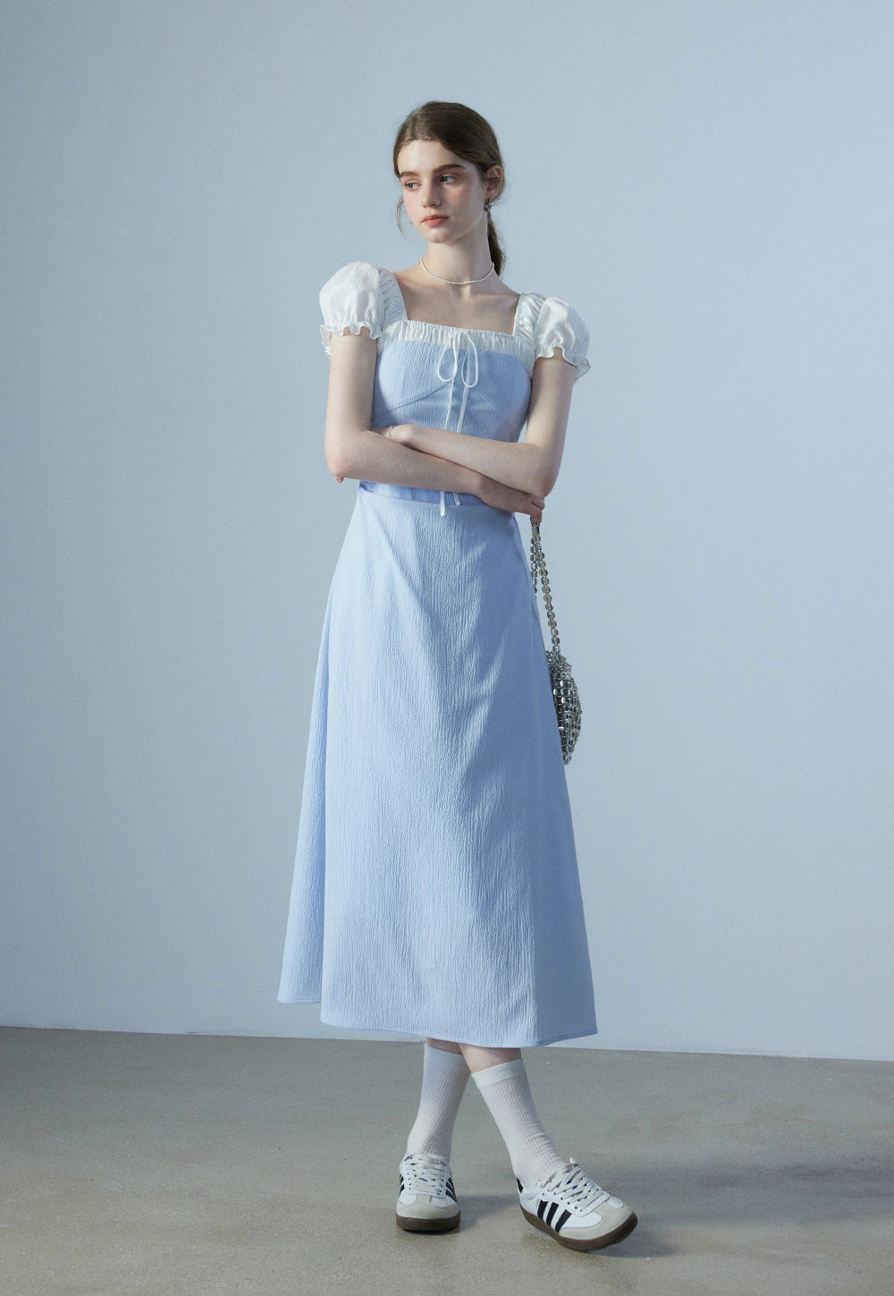 Women's Puff Sleeve Midi Dress in Blue and White