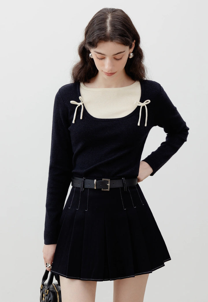 Tied Square Neck Black Long Sleeve Knit Top