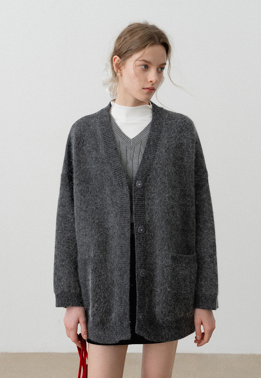 Rabbit Hair V-Neck Hidden Button Chunky Sweater Coat