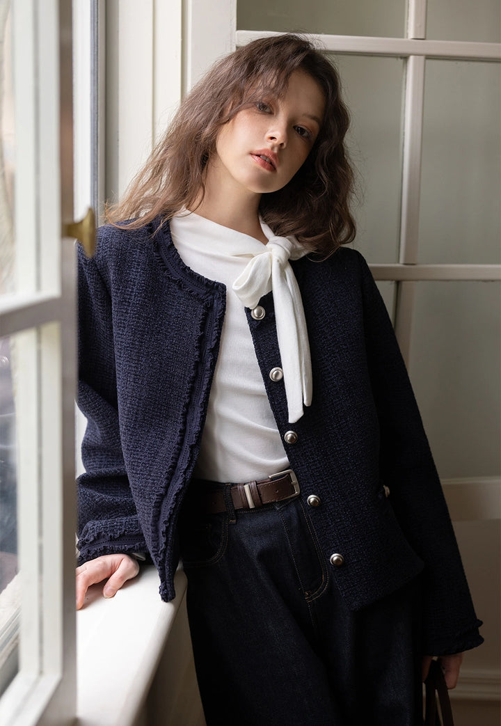 Navy Tweed Pearl-Button Jacket