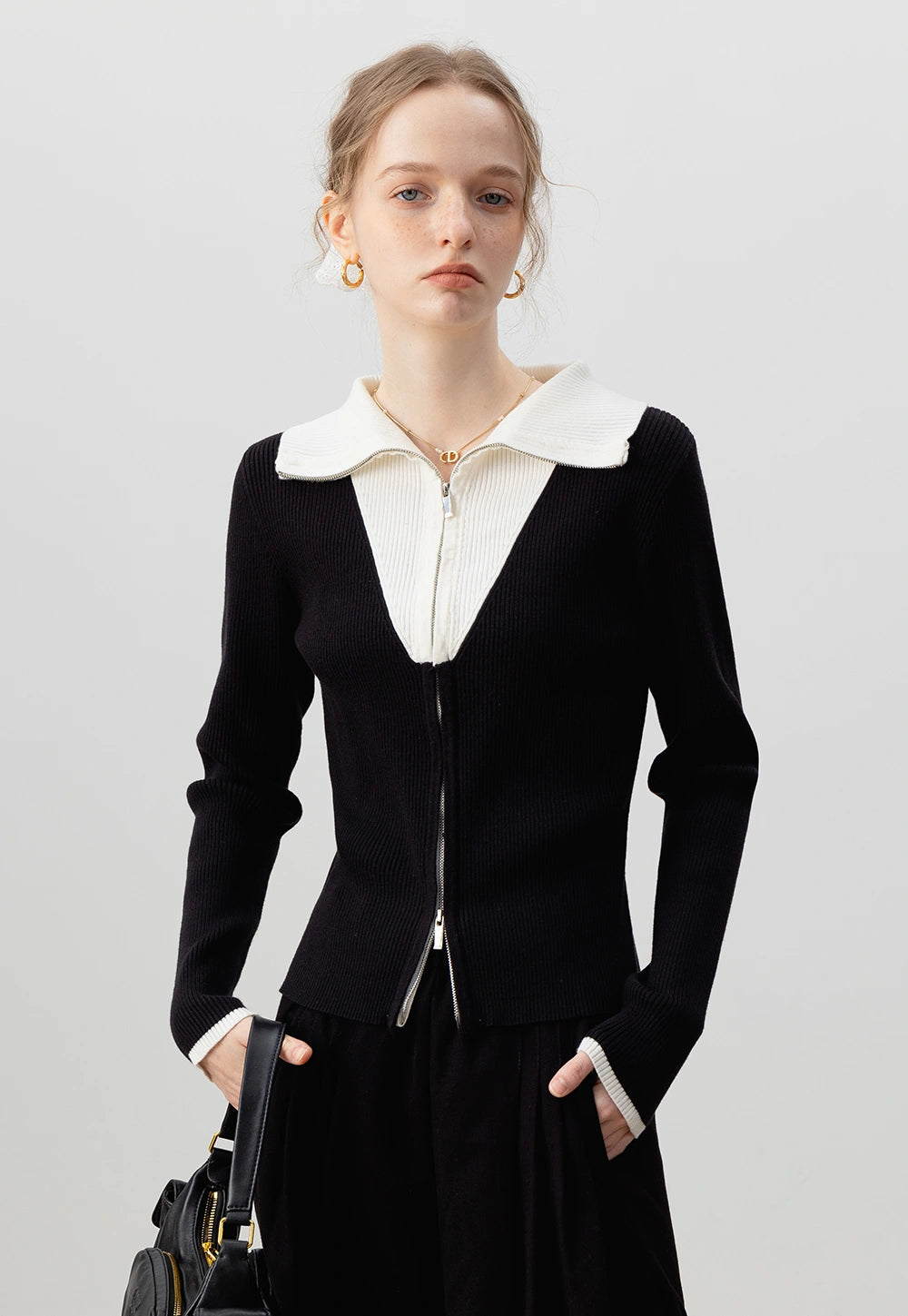 Women's Ribbed Zip-Up Collared Cardigan