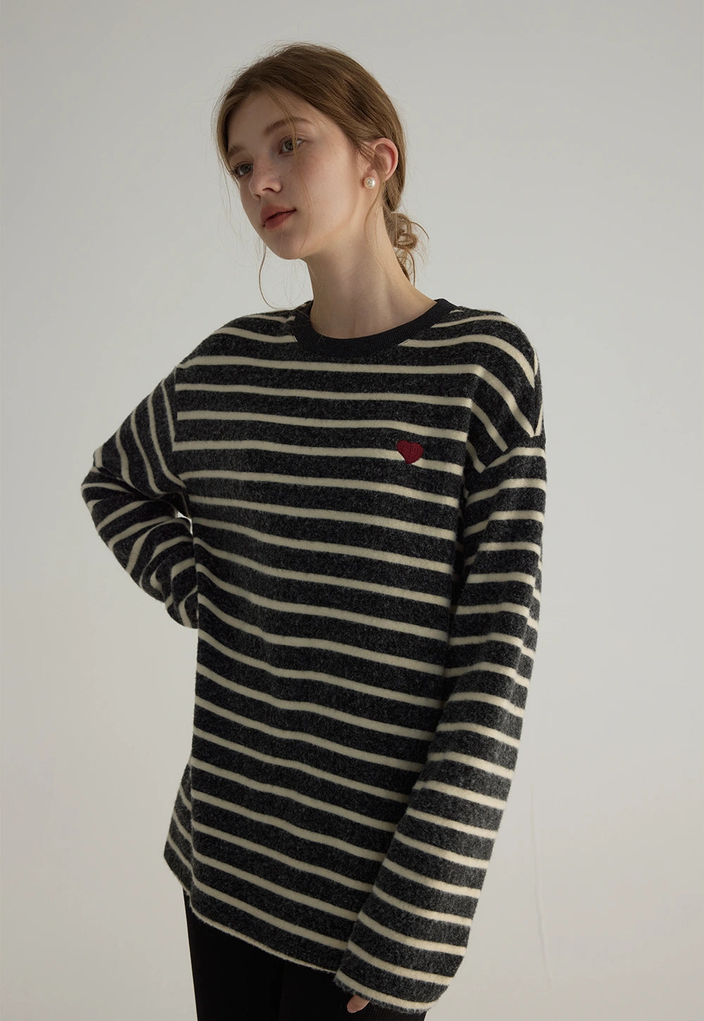 Casual Lazy Striped T-Shirt Loose Round Neck Pullover Brushed Long Sleeves