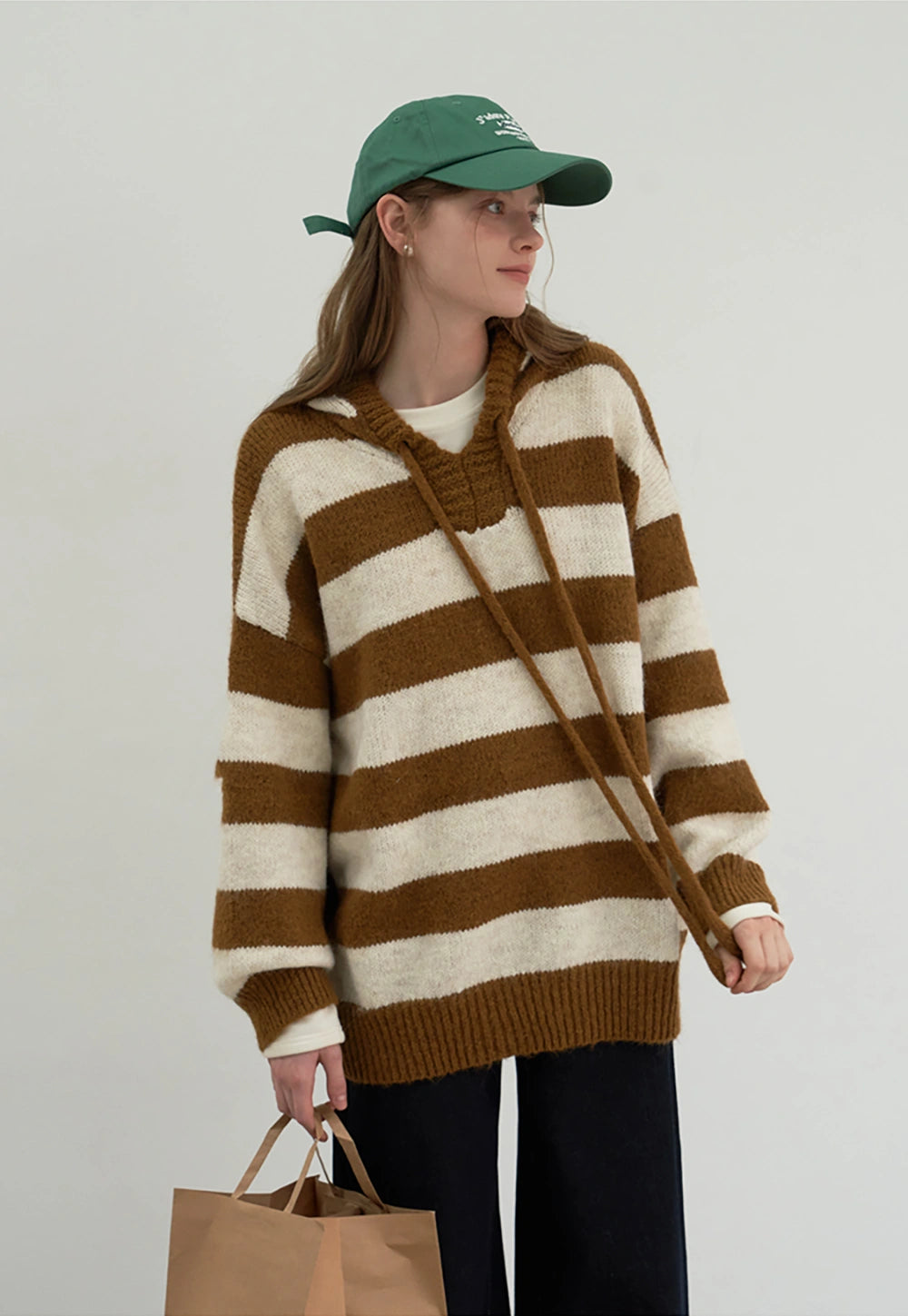 Women's Wide Striped V-Neck Hooded Sweater