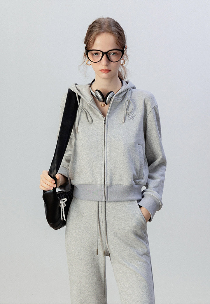 Casual Zip-Up Hoodie and Drawstring Flared Pants Set