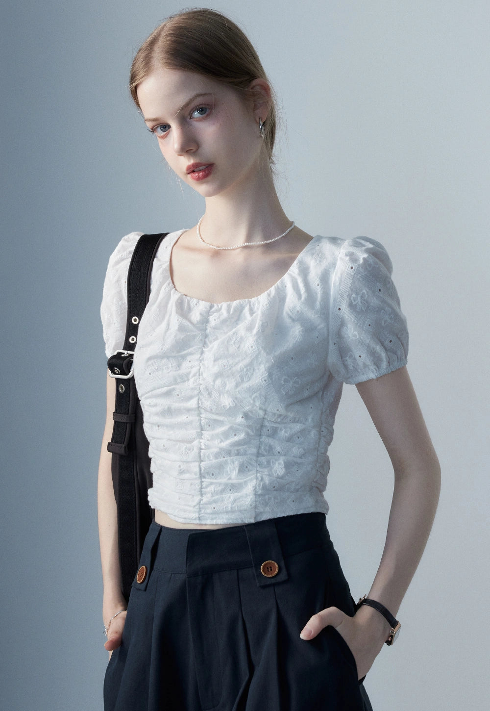 Women's White Eyelet Puff Sleeve Top