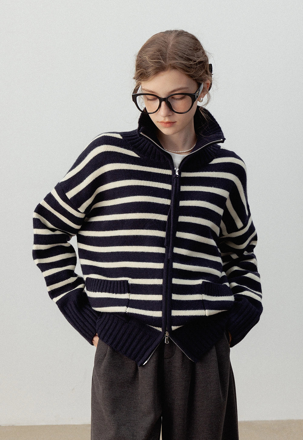 Striped Zip-Up Knit Cardigan