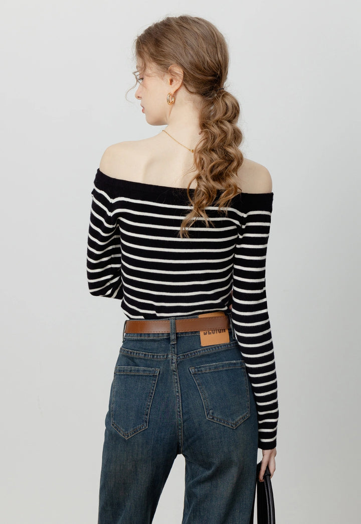 Women's Classic Striped Boat Neck Long Sleeve Crop Top