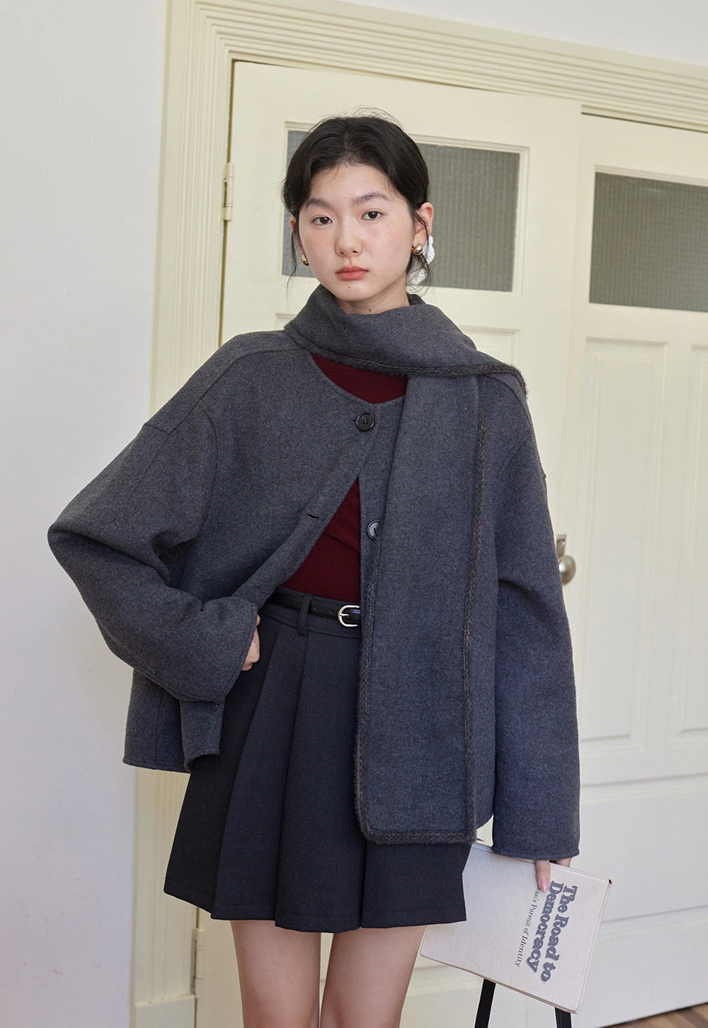 Cozy Button-Up Coat with Attached Scarf