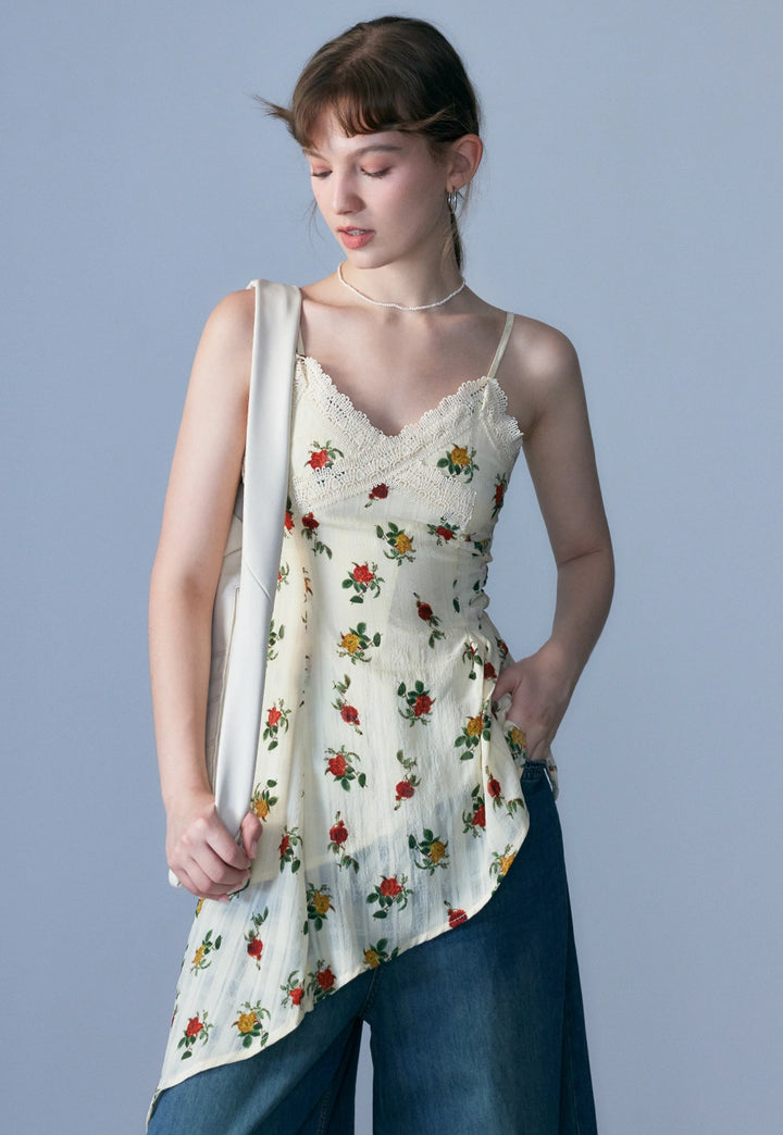 Damen-Tanktop mit Blumenmuster, asymmetrischem Spitzenbesatz