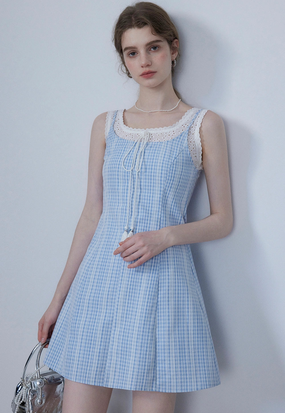 Women's Sleeveless Gingham Dress with Tassel Detail