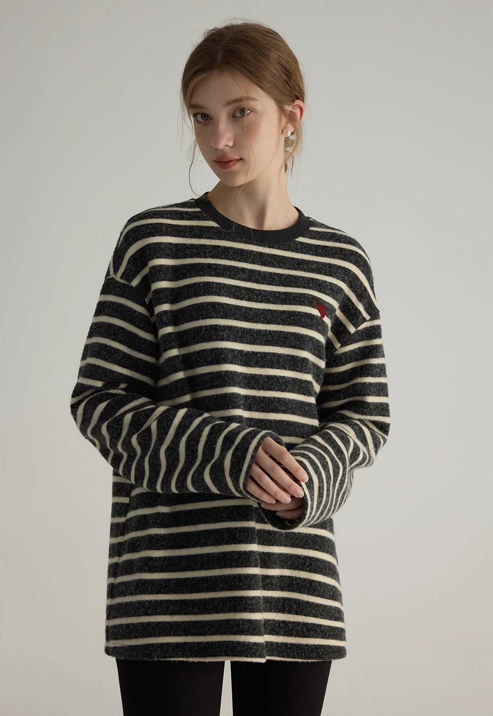 Casual Lazy Striped T-Shirt Loose Round Neck Pullover Brushed Long Sleeves