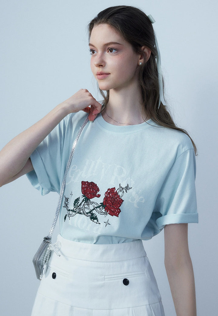 Women's T-Shirt with Red Rose Print and Elegant Script - Casual Cotton Tee