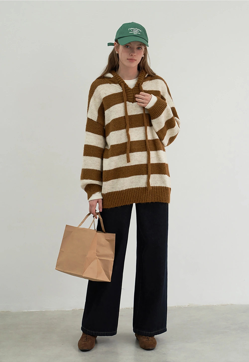 Women's Wide Striped V-Neck Hooded Sweater